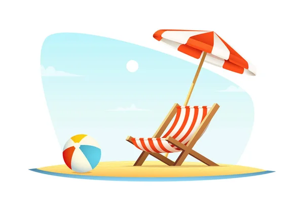 Leisure or rest at sea. Vacation and travel concept. Beach umbrella and beach chair on sea coast — Stock Vector