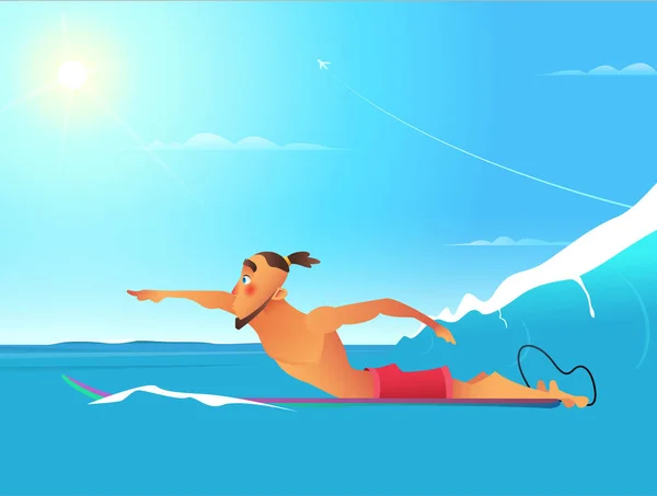 Surfer beginnen zwemmen voordat staande op het bord. Surfer in de zee of de Oceaan. concept illustratie — Stockvector