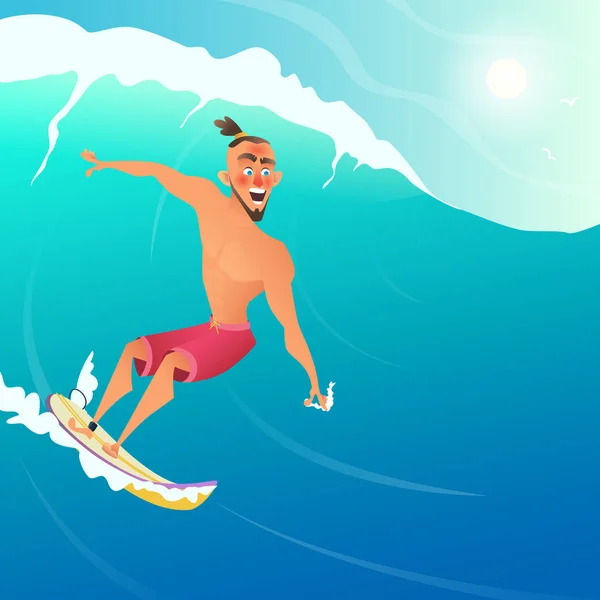 Ευτυχισμένη Surfer βόλτα στο μπλε κύμα στον ωκεανό. Σχεδιασμός χαρακτήρων κινουμένων σχεδίων. — Διανυσματικό Αρχείο