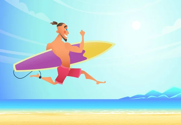 Ευτυχής χαμογελαστοί Surfer τρέχει στην παραλία προς τη θάλασσα. Είδε ένα μεγάλο κύμα και ήταν σε μια βιασύνη — Διανυσματικό Αρχείο