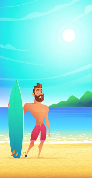 Σέρφερ στην τροπική παραλία. Ευτυχισμένος άνθρωπος στέκεται αμμώδη κόλπο. — Διανυσματικό Αρχείο