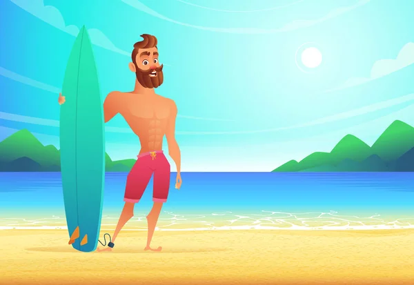 熱帯のビーチでサーファー。幸せな男立っている砂浜の湾 — ストックベクタ