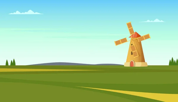 Paisagem rural de verão com moinho de vento. Ilustração de vista agrícola natural — Vetor de Stock