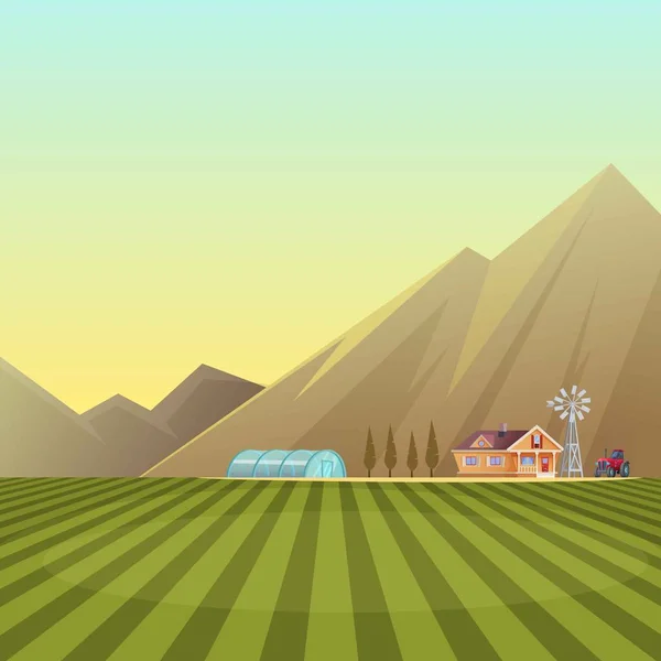 Agriturismo e paesaggio di campagna su sfondo montano. Illustrazione del cartone animato vettoriale — Vettoriale Stock