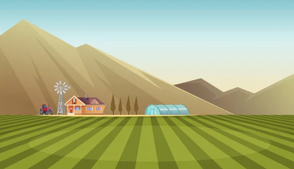 Boerderij en landschap landschap op berg achtergrond. Vectorillustratie cartoon — Stockvector
