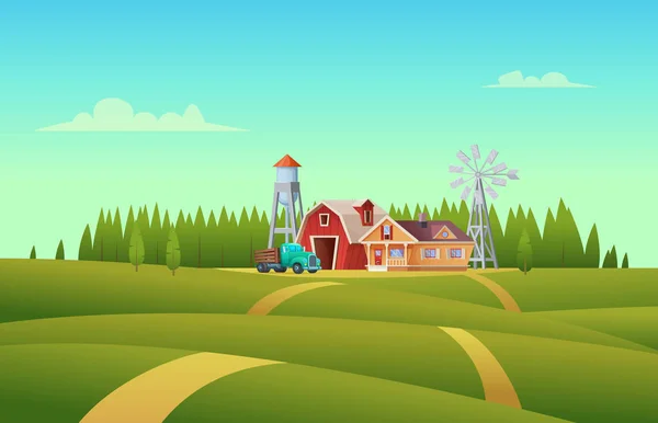 Paisaje rural de verano con una granja cobertizo rojo, casa, camión, torre de agua y molino de viento — Vector de stock