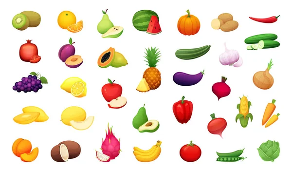 Gran juego de deliciosas verduras y frutas. Ilustración de vectores certoon — Vector de stock