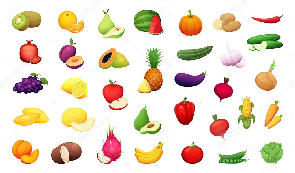 Big set of delicious vegetables and fruits. Vector certoon illustration