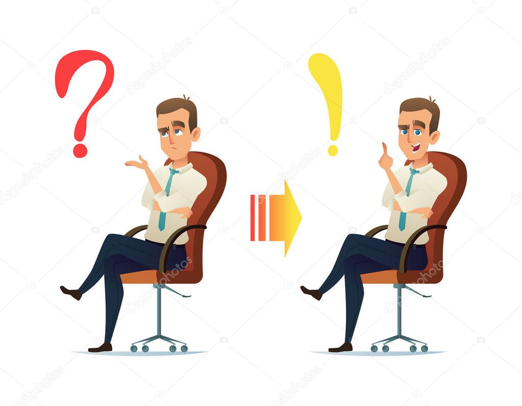 Concept illustration of the young businessman character thinking. The question always has an answer.