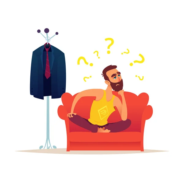 Γενειοφόρος άνδρας Καυκάσιος κάθεται σε κόκκινο καναπέ και σκέψης. Είναι περιτριγυρισμένο από ένα ερωτηματικό. Σε κοντινή απόσταση είναι ένα κοστούμι κρέμονται σε κρεμάστρα — Διανυσματικό Αρχείο