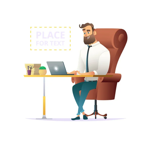 Businessman working on a laptop at office workplace. place for text on illustration — Stock Vector