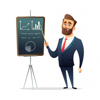 Başarılı sakal işadamı karakter ayakta sunu ekran kartı yakınındaki. İş eğitim, Toplantı veya seminer konsept illüstrasyon.
