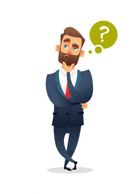 Başarılı sakal işadamı karakter bir sorum var. Soru işareti ile ayakta ve düşünme iş adamı. Yöneticisi hakkında bir şey düşünüyorum. İş kavramı illüstrasyon.