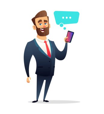 Successful beard businessman character Holding smart Phone. Call, Using Smart Cellphone. Business concept illustration