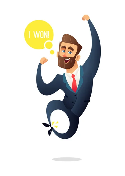 Framgångsrik skägg affärsman karaktär hoppar av glädje. Chefen firar vinningen. Affärsidé illustration — Stock vektor