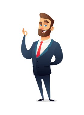 Başarılı sakal işadamı karakter ok işaret gösteren takım elbiseli. İş kavramı illüstrasyon
