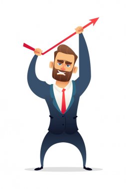 Başarılı sakal işadamı karakter satış artan takım elbiseli. Yöneticisi satış eğri kıvrılıyor. İş kavramı illüstrasyon.