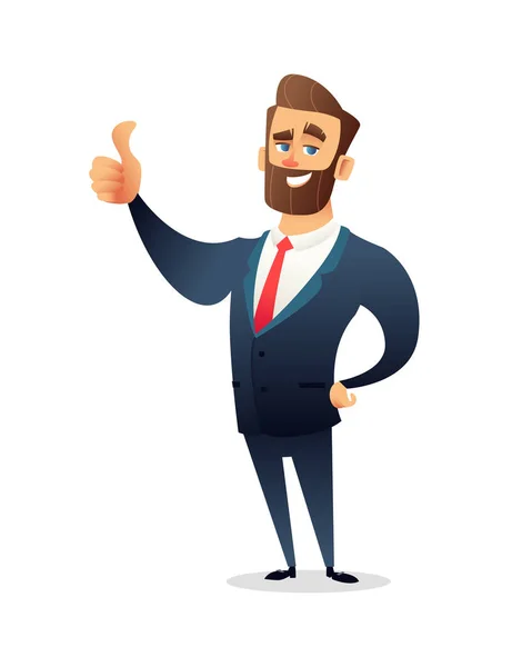 Personagem de empresário de barba bem sucedido dá polegar para cima. Homem de sucesso, Sorriso, acordo de dedos. Ilustração do conceito de negócio — Fotografia de Stock
