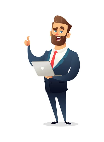 Successful beard businessman character in suit holding a laptop and gives thumb up. Business concept illustration. — Stock Photo, Image