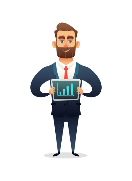 Framgångsrika skägg affärsman karaktär presentera information på TabletPC. Affärs concept illustration. — Stockfoto