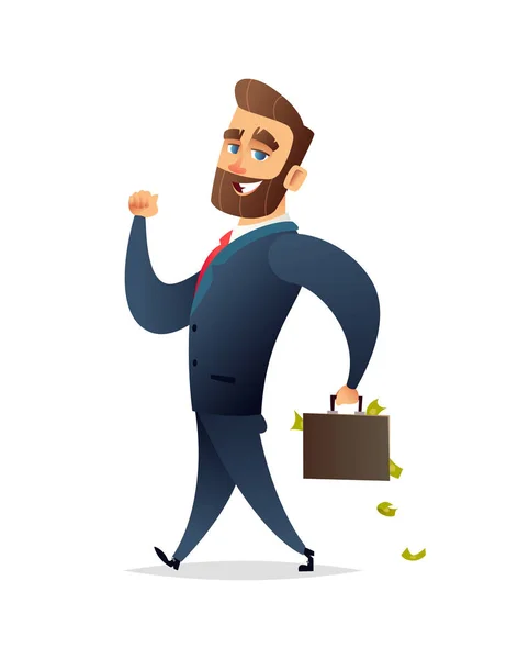 Успешный бородатый бизнесмен ходит с чемоданом, полным денег. Иллюстрация концепции бизнеса — стоковый вектор