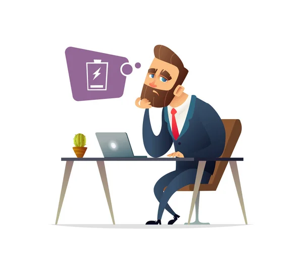 Successful beard businessman character feeling exhausted. Tired manager sitting at working place with computer in office. Business concept. Business concept illustration — Stock Vector