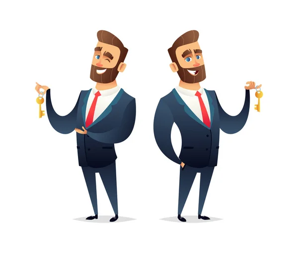 Successful beard businessman character hold a key of car, house or apartment. Business concept illustration — Stock Vector