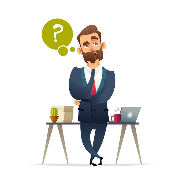 Successful beard businessman character thinking. Thinking man surrounded by question mark. Business concept illustration — Stock Vector