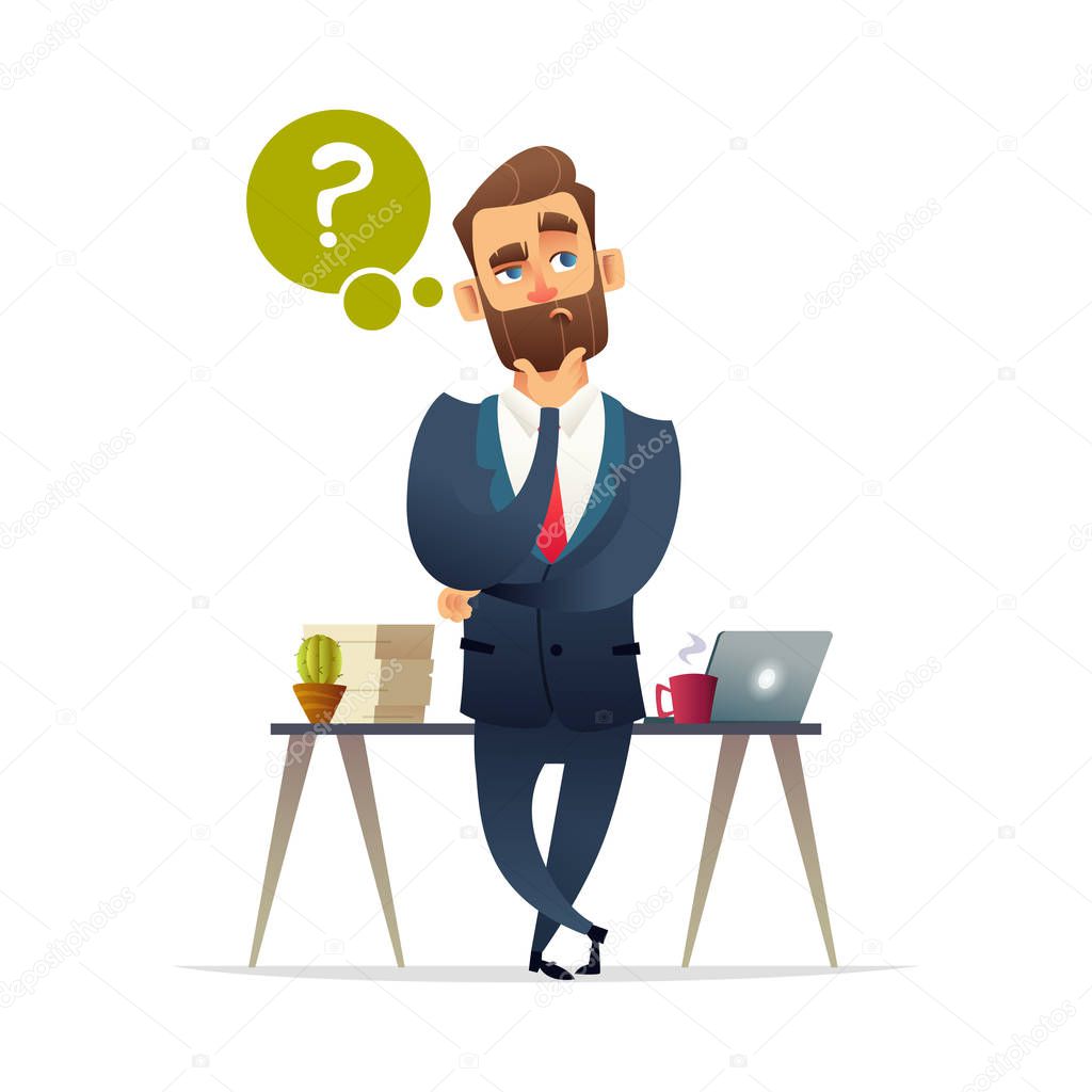 Successful beard businessman character thinking. Thinking man surrounded by question mark. Business concept illustration