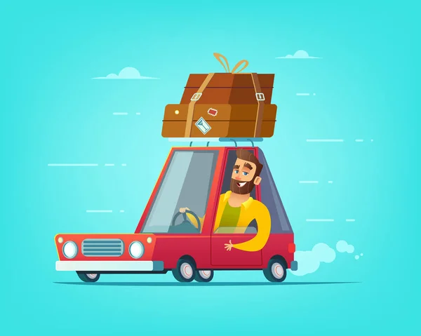 Glücklicher bärtiger Mann am Steuer eines Autos. Urlaub auf einer Reise Konzept Illustration. — Stockvektor