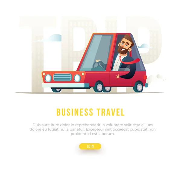Empresário barbudo alegre de fato a conduzir um carro. Conceito viagem de negócios ilustração . —  Vetores de Stock