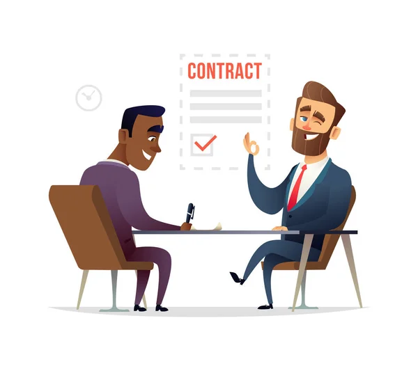 Zakenman partnerschap begin. Partners ondertekenen contract overeenkomst sluiten deal. Zakelijke deal concept illustratie. — Stockvector