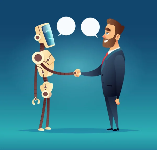 Robot e un uomo salutato. incontro di intelligenza artificiale e uomo d'affari — Vettoriale Stock