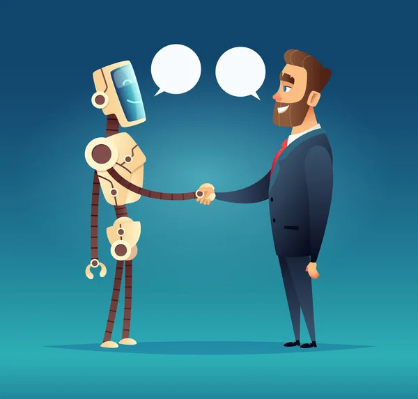robot ve bir adam karşıladı. yapay zeka ve işadamı toplantısı