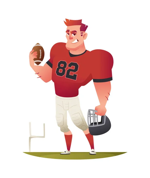 Divertido jugador de fútbol americano alegre de pie en el campo de fútbol. Dibujos animados carácter diseño ilustración . — Vector de stock