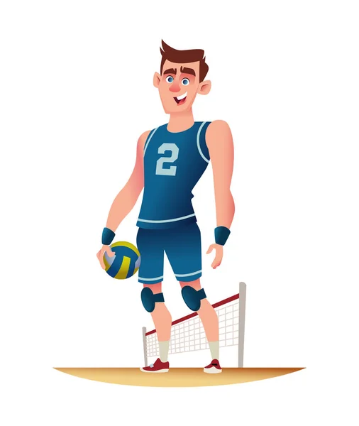 Jonge volleyballer permanent op de speelplaats van het volleybal. Grappige cartoon Characterdesign. Vectorillustratie. — Stockvector