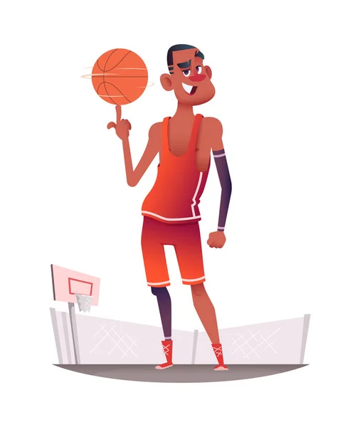 Gelukkig lachend basketballer in uniform met bal staande op de speelplaats basketbal. Cartoon vector Characterdesign. — Stockvector