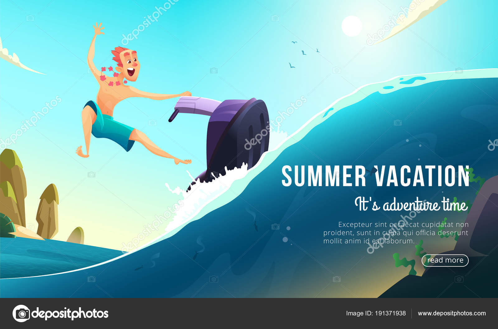 Los turistas alegres montan en un scooter acuático. Vacaciones de verano en  países cálidos. Dibujos animados vector ilustración vector, gráfico  vectorial © DemianVS imagen #191371938