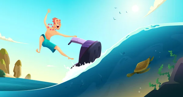 Gut gelaunte Touristen fahren auf einem Wasserroller. Sommerurlaub in warmen Ländern. Zeichentrickvektorillustration — Stockvektor