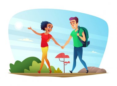 Aşıkların mutlu çift doğada bir yolculuk var. Çizgi film karakterleri tasarımını.