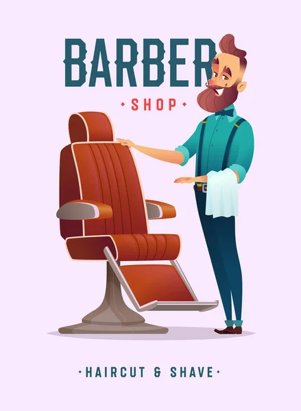 Glücklicher Friseur lädt Sie auf einen Stuhl ein. Plakatgestaltung für Friseursalons — Stockvektor