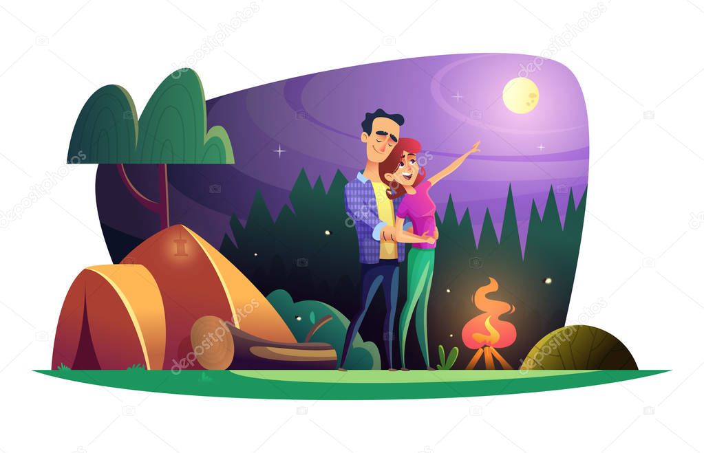 Loving couple watches the full moon and spends time outdoors. Guy and girl at the campsite.