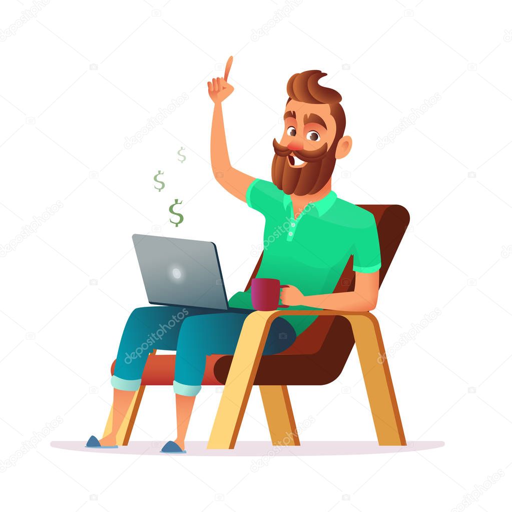  Freelance concept vector illustration in cartoon style. Home office workplace. Hipster bearded freelancer working remotely from his laptop.