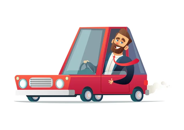 うれしそうなビジネスマンは、赤い車を運転します。ベクトル漫画の実例 — ストックベクタ