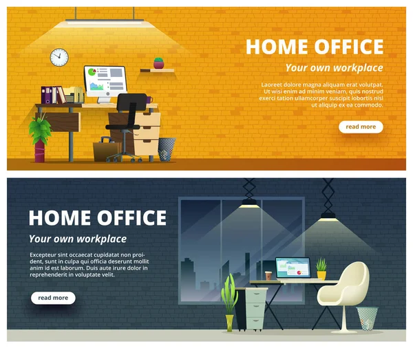 Office arbetsplats inredning banner. Hemmakontor konceptet illustration. — Stock vektor