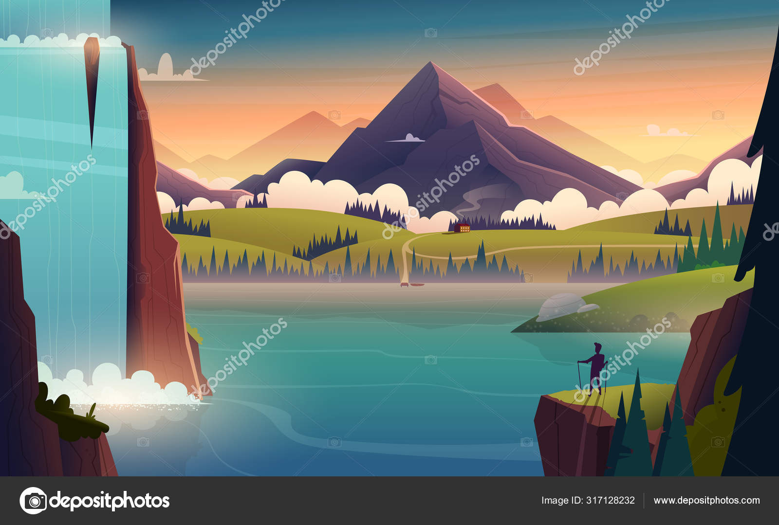 Modern cartoon landscape illustration of river in the mountains with a  waterfall and a person in front Stock Vector Image by ©DemianVS #317128232