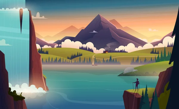 Desenhos animados modernos ilustração da paisagem do rio nas montanhas com uma cachoeira e uma pessoa na frente —  Vetores de Stock