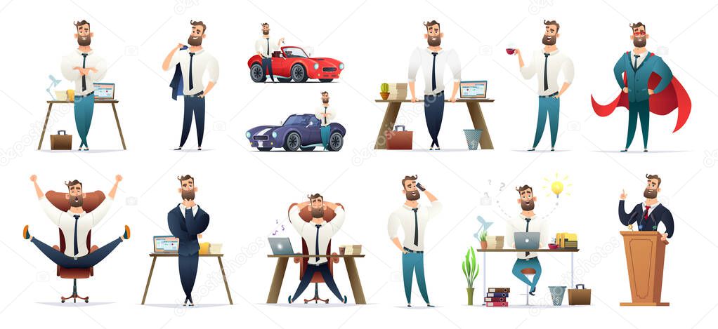  Bearded charming business men in different situations and poses. Manager character design. Businessman collection.