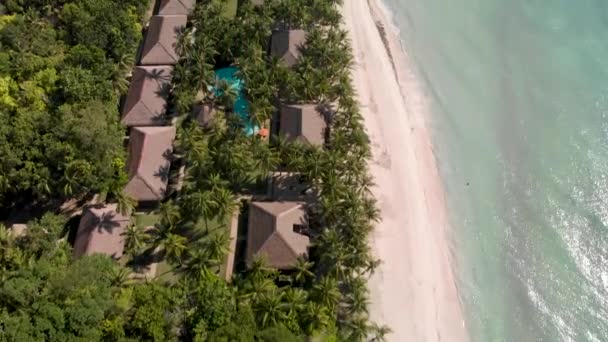 해변에 떠 있는 바 다 물결, 푸른 야자나무, 호텔, 집 및 리조트의 공중 풍경. — 비디오