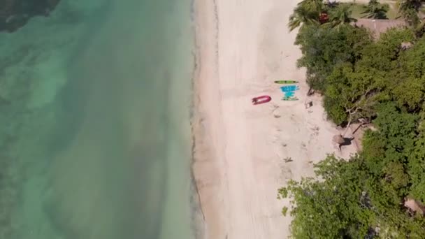 Captura aérea de dron cinematográfico de una playa paradisíaca vacía con agua azul y palmeras . — Vídeos de Stock